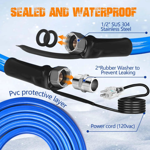 30ft heated RV water hose with 1/2-in stainless steel fittings, rubber washers, blue PVC layer, and 120V power cord