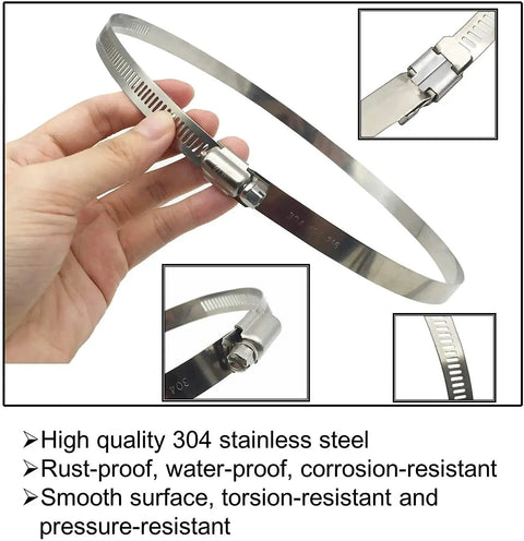 Close-up of 6 Pieces Adjustable 304 Stainless Steel Worm Gear Hose Clamps Set for water pipes, highlighting rustproof design.