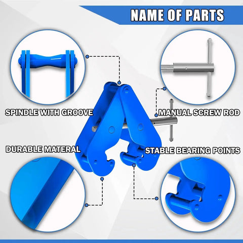 Parts diagram of Heavy Duty I Beam Clamp 3 Ton Capacity With Adjustable Opening For Rigging, showing spindle, screw rod, and bearing points.