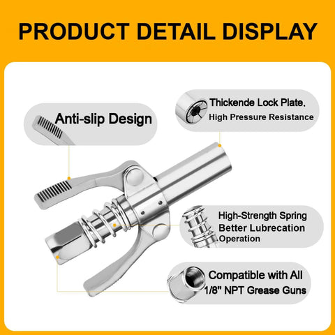 Grease gun coupler set, 2 pcs, 1/8 in. NPT, 12000 PSI, lock-on, anti-slip, for manual and electric grease guns.