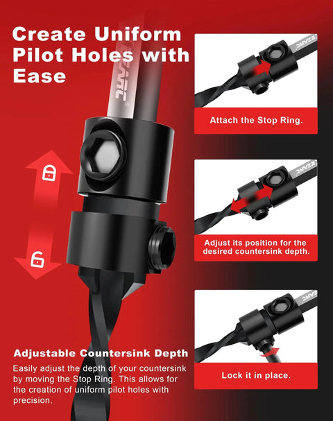 Close-up of All In One Countersink Drill Bit Set for Woodworking with fifteen pieces showing adjustable stop ring and depth settings.