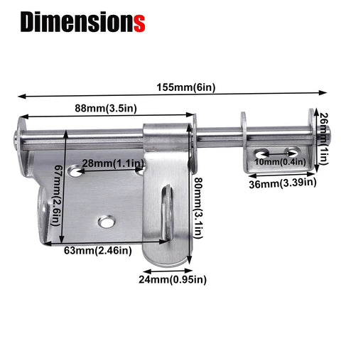 Sliding Latch 6 Inch Thick Stainless Steel Bucket Bolt With Padlock Hole Brushed Finish dimensions diagram
