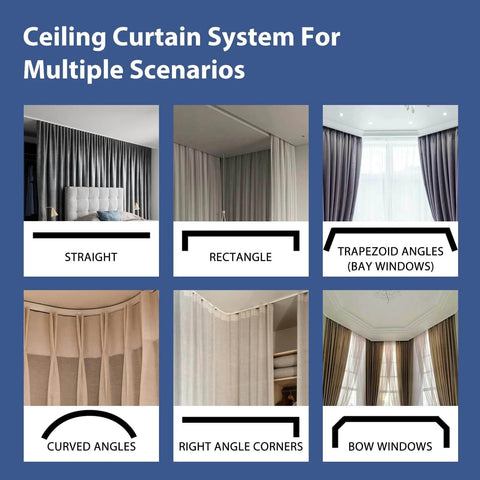Room Divider Curtain Set With Bendable White Track And Blackout Black Drape Ceiling Mounted Privacy Screen For Bedroom Or Studio Extra Wide 1 Panel Width 8.3 Ft By Height 8 Ft shown in various installation scenarios.