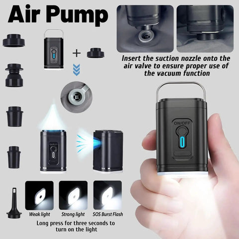 21 Inch Carry On Luggage With Removable Vacuum Seal Bag And Expandable Vacpack Backpack air pump operation steps showing nozzle attachment and lighting function