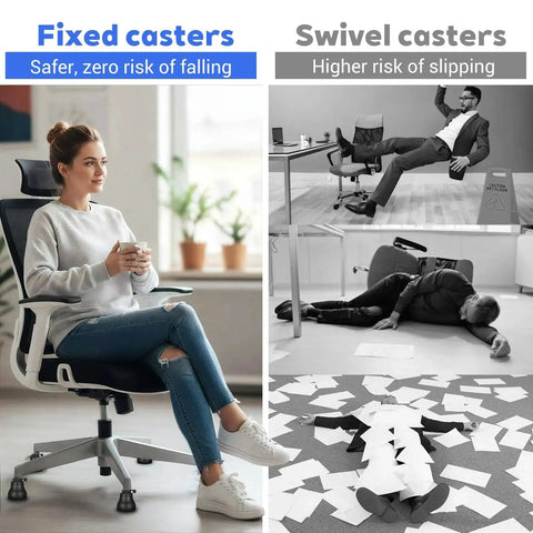 5 Pack Replacement Office Chair Caster Wheels With Fixed Stationary Castors And Self Adhesive Felt Pads For Hardwood Tile Carpet Floors comparing safer fixed to risky swivel casters