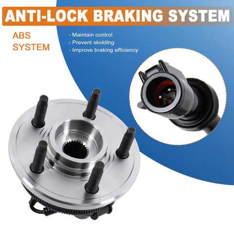 Pair Drop-In Front Wheel Hub Bearing Assembly With ABS Sensor For 2002-2005 Ford Explorer, 2003-2005 Lincoln Aviator, And 2002-2005 Mercury Mountaineer, 5 Lug, Direct-Fit Replacement shown with anti-lock braking feature.