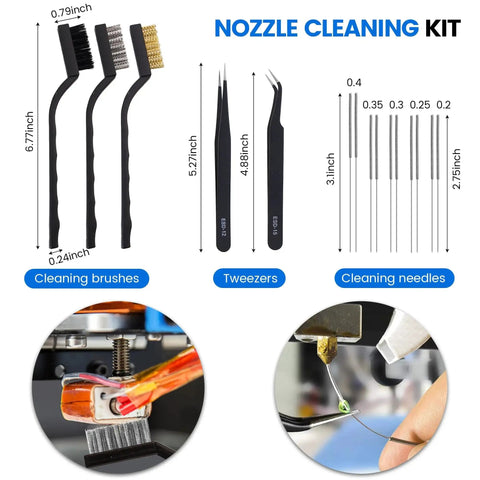 Ultimate 45 Pcs 3D Printer Tool Kit For Cleaning Finishing And Maintenance Includes Nozzle Cleaning Kit Deburring Tools Files Pliers Removal Scrapers And More For Easy Post Print Cleanup And Fine Detail Work shown with brushes, tweezers, and needles.