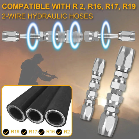 Three Pack Reusable Hydraulic Hose Repair Kit with fittings for SAE 100R1 and SAE 100R2 hoses, compatible with R2, R16, R17, R19.