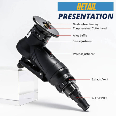Front view of Slick 45 Degree Mini Chamfering Tool For Metal And Wood Deburring And Beveling Portable Pneumatic Handheld Trimming Edge Tool with labels