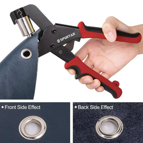 3/8 Inch Grommet Tool Kit With Magnetic Punch in use on leather with front and back side eyelet effects shown