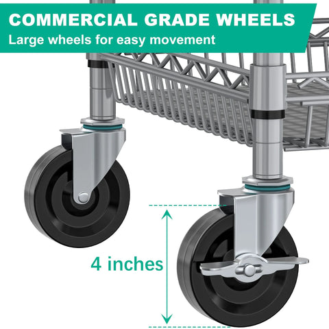 Close-up of 4-inch commercial-grade wheels on a Heavy Duty 3 Tier Metal Utility Rolling Cart With Wheels For Kitchen Garage Office And Commercial Use.
