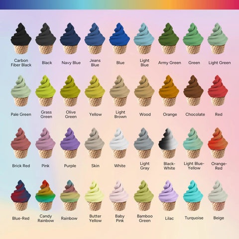 Assorted colors of 3D printer filament cones, including Carbon Fiber Black, Navy Blue, Green, Orange, Purple, and more.