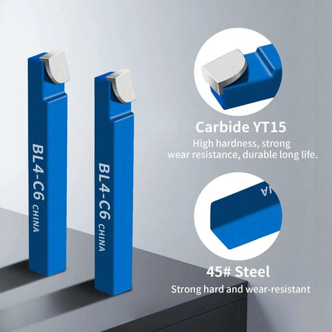 Ten Pack Carbide Lathe Tool Bits Set For Metal Turning, Boring, And Chamfering With One Quarter Inch Shank, High Precision Cutting Tips AR4-C6, AL4-C6, BR4-C6 For Durable Lathe Work, showing models BL4-C6 with carbide and steel.