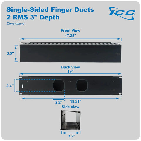 2U Finger Duct Cable Manager Panel With Cover For 19 Inch Racks 3 Inch Depth Horizontal Cable Management Black Rack Mount