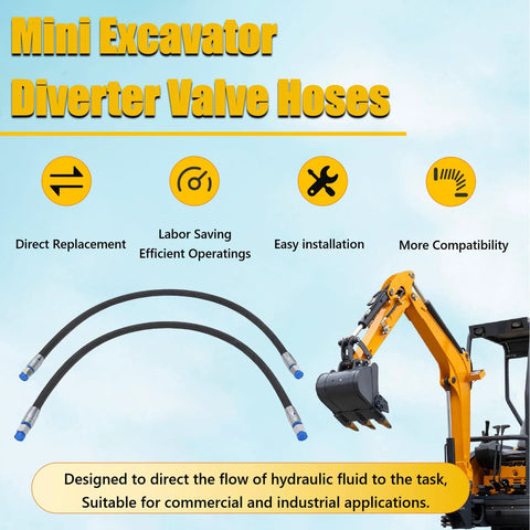 2pc excavator diverter valve hoses in black with blue fittings, 32-in length, M14 to 1/4in interfaces