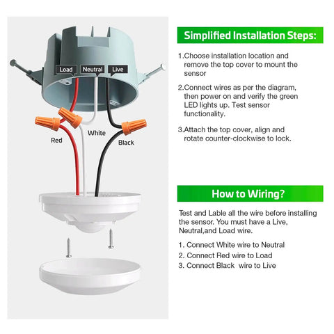 Ceiling Motion Sensor Light Switch With 360 Degree Occupancy Sensor 10A 120V installation diagram with wiring guide