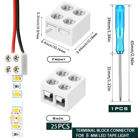 Diagram of 25 Pack 2 Pin 8mm LED Tape Light Connectors With Screwdriver No Solder Needed Wire To Strip Quick Tighten Terminal Blocks
