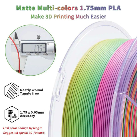 Close-up of Rainbow Blaze Matte Color Changing PLA Filament for 3D Printing, 1.75mm diameter, multi-color spool, accuracy ±0.03mm.
