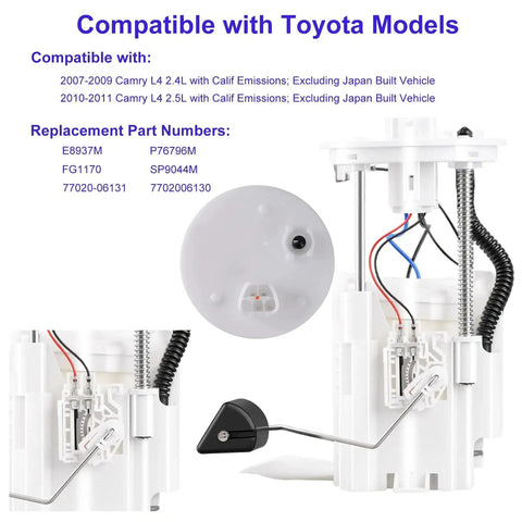 Electric Fuel Pump Module Assembly With Sending Unit For Toyota Camry 2007-2011, showing multiple views of the pump components.