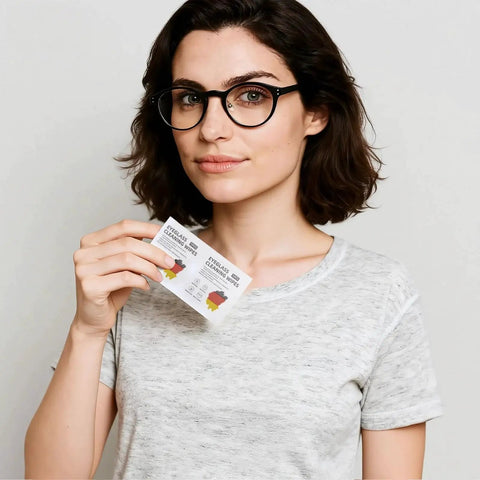Person holding Pre Moistened Lens Wipes For Eyeglasses AR Coated Lenses Screens Streak Free, close-up view.