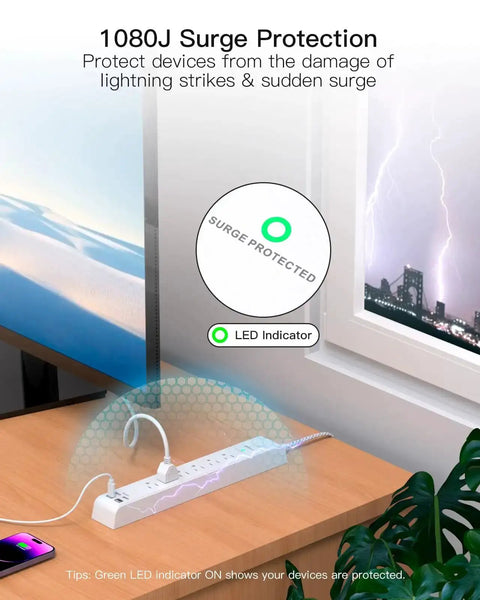 10 In 1 Surge Protector Power Strip With 6 Outlets And 4 USB Ports Fast Charging, 5Ft Braided Extension Cord on a desk.