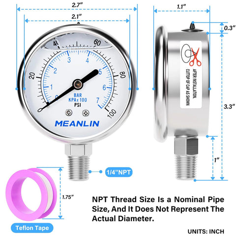 Front and side view: Meanlin 0–100 psi liquid-filled stainless steel pressure gauge with 1/4" NPT, 2.5" dial, lower mount.