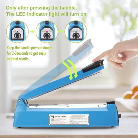 16 Inch Impulse Heat Sealer for Plastic Bags in use, showing manual operation with handle and LED indicator for PE PP bags.