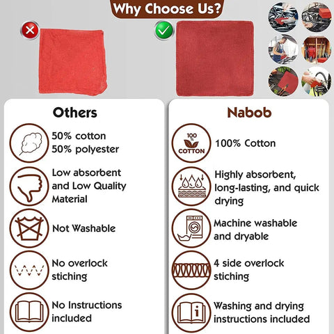 Comparison chart showing features of 500 Pack 14x14 Shop Towels For Auto Mechanics 100 Percent Cotton Lint Free Commercial Grade Red Rags.
