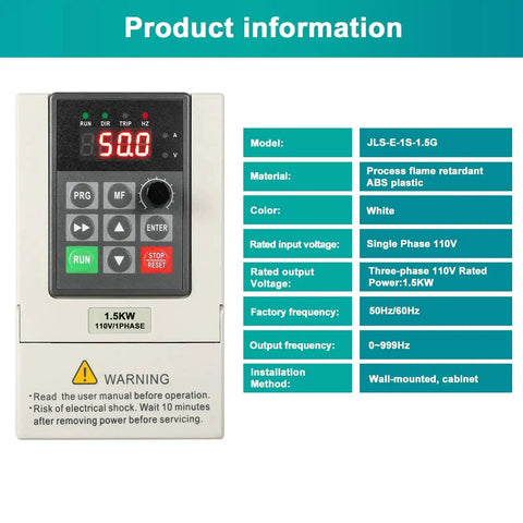 Front view of 110V Variable Frequency Drive for motor speed control with 1.5 kW output, showing control panel and installation info.