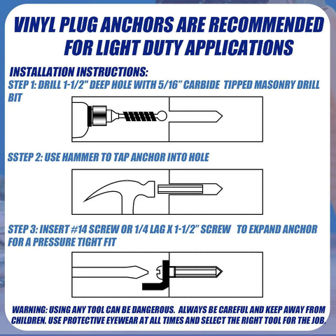 Installation instructions for 100 Pcs Expanding Plastic Anchors For Concrete And Drywall, Blue Anchors For Hollow Walls, Tile And Cement.
