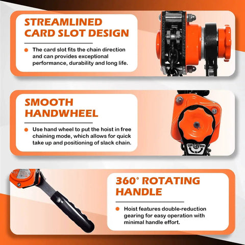 Front view of YATOINTO mini lever chain hoist, 1/2 ton, orange handwheel, 10 ft chain.