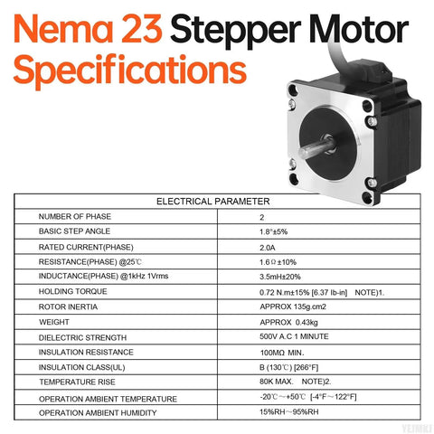 Beefy Nema 23 Stepper Motor 1.8 Degree Bipolar 2-Phase High Torque 0.72Nm with specifications table and 4 wire cable shaft