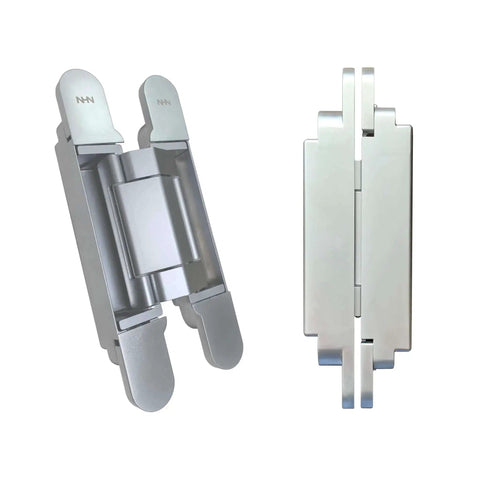 Satin chrome concealed 3D adjustable invisible hinge set of two up to 352 lbs per door for frameless doors, side and front views