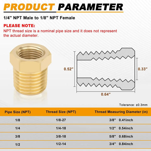 Diagram of Heavy Duty 4 Piece Pro Grade Brass Reducer Hex Bushing Set 1/4 NPT Male To 1/8 NPT Female Pipe Fittings dimensions.