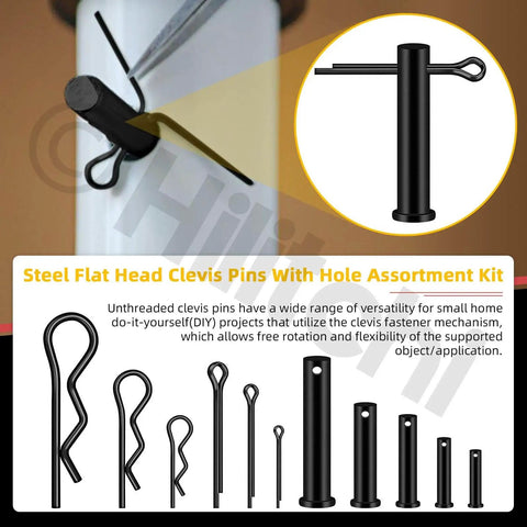 All-In-One Clevis Pin Kit With 67 Pieces Including Black Clevis Pins In M5 M6 M8 M10 M12 Sizes Plus Zinc Plated Cotter Pins And Hair Pins, Flat Head Single Hole Pins For Quick Mechanics Repair And Easy Tool Box Organization displayed with various pin sizes and types.