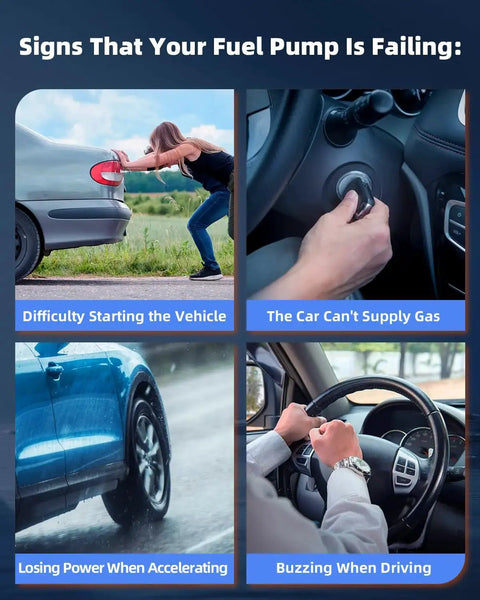 Signs your fuel pump is failing with images: difficulty starting vehicle, car can't supply gas, losing power, buzzing while driving.