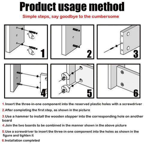 Step-by-step guide for installing Cam Locks For Furniture 124 Pcs 3 In 1 Eccentric Wheel Hardware with Nuts and Screws.
