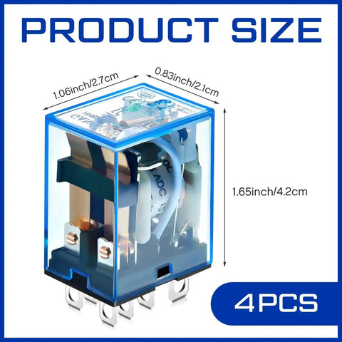 Four Pack DC 12V General Purpose Relays, 8 Pin DPDT Electromagnetic Power Relay, 10A, product dimensions and design details