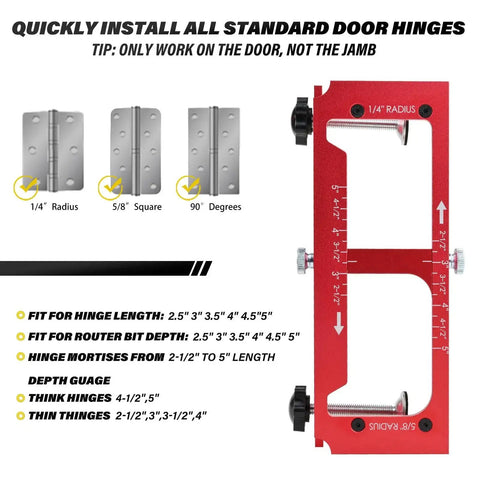 Aluminum Alloy Door Hinge Mortiser And Adjustable Jig For Hinge Installation From 2.5 Inch To 5 Inch In Length Supports Square Corner And Radius Hinges One Quarter Inch And Five Eighth Inch With Built In Depth Gauge For Precise Mortises tool kit showcasing mortise guide with depth settings