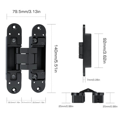 Matte Black Concealed Hinges Two Pack 180 Degree Adjustable Hidden Door Hinges with measurements for secret doors and cabinets.