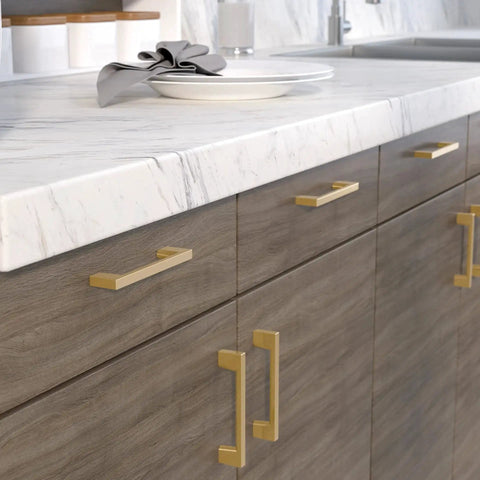 Armadale Collection Champagne Bronze Modern Rectangular Cabinet And Drawer Pull Handle Center To Center 96 mm installed on cabinets