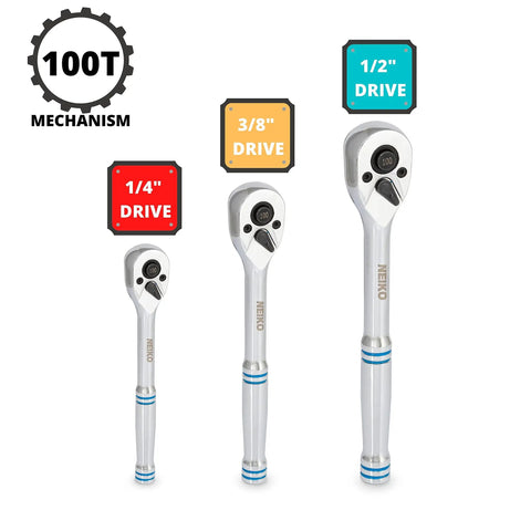 Quick Release Ratchet Wrench Set With One Quarter Inch Drive, Three Eighths Inch Drive, And One Half Inch Drive, 100 Tooth Mechanism