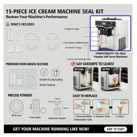 15 Piece Soft Serve Ice Cream Machine Repair Kit With O Rings Gaskets Seals And Tubes Premium Food Grade Silicone Leak Resistant Easy Install All In One For Commercial And Home Use shown with included parts and compatibility diagram
