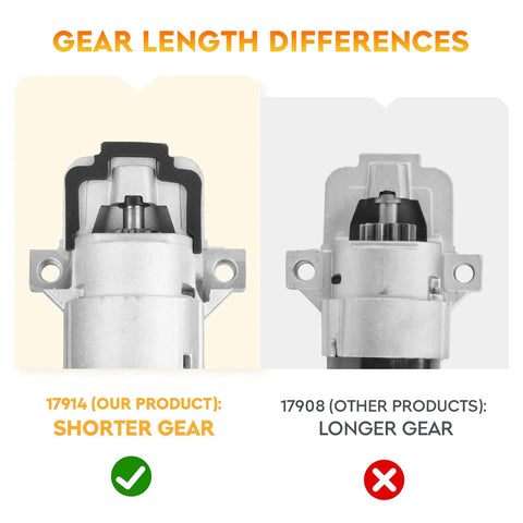 Comparison of starter motors showing gear length differences: left - shorter gear (17914), right - longer gear (17908)