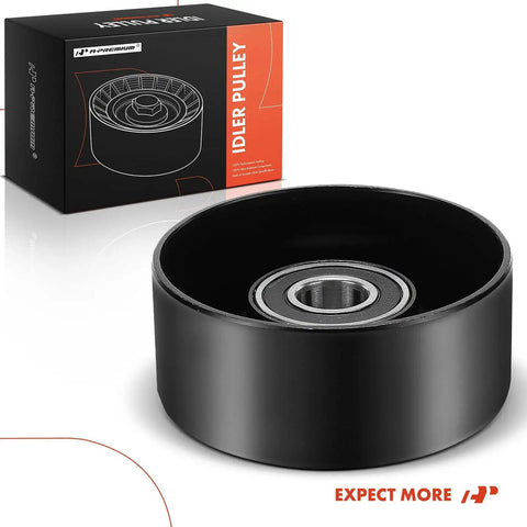 Premium Belt Idler Pulley Fits Ford F Series Trucks And Econoline Vans From 1997 To 2003 And Works With Mustang Expedition Excursion Lincoln Navigator Starcraft Bus StarLite Durable Replacement Component For Serpentine Belt, showing a black pulley with a metal bearing and packaging box.