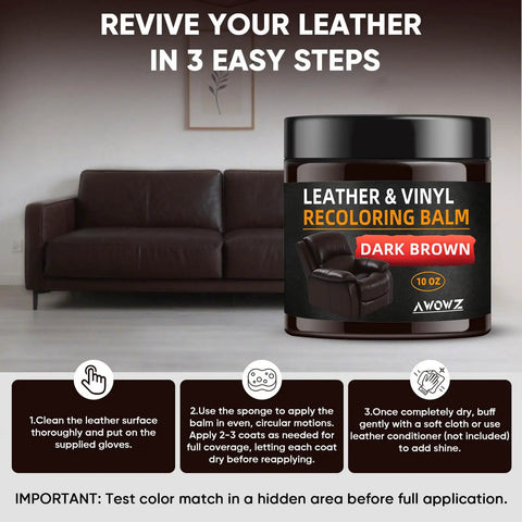 Leather Recoloring Balm For Faded Leather And Scratches Easy Color Restoration Kit For Couches Car Seats Auto Interior Vinyl And Accessories 10 Oz Dark Brown of a kit next to a leather couch.