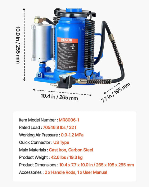 Air Hydraulic Bottle Jack 32 Ton Floor Jack With Manual Pump And Pneumatic Lift, blue, dimensions 10 in high by 10.4 in wide.