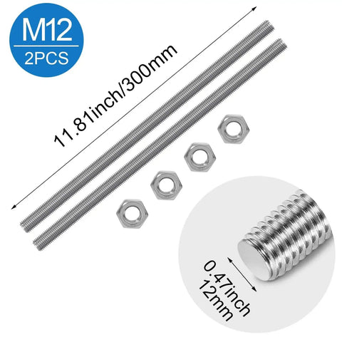 2 Pack M12 300mm Stainless Steel Cuttable Fully Threaded Rods 1.75mm Pitch with nuts, close-up on threading