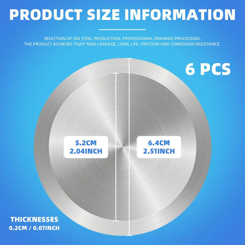 Sanitary tri-clamp end cap size infographic on stainless steel disc, showing 2.04 in and 2.51 in diameters; 6 PCS