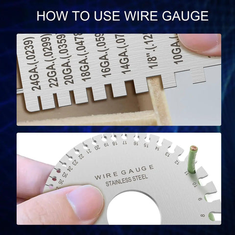 Close-up of Pro Grade Wire Gauge Measuring Tool Set Of 3 demonstrating use of stainless steel gauges for measuring wire.